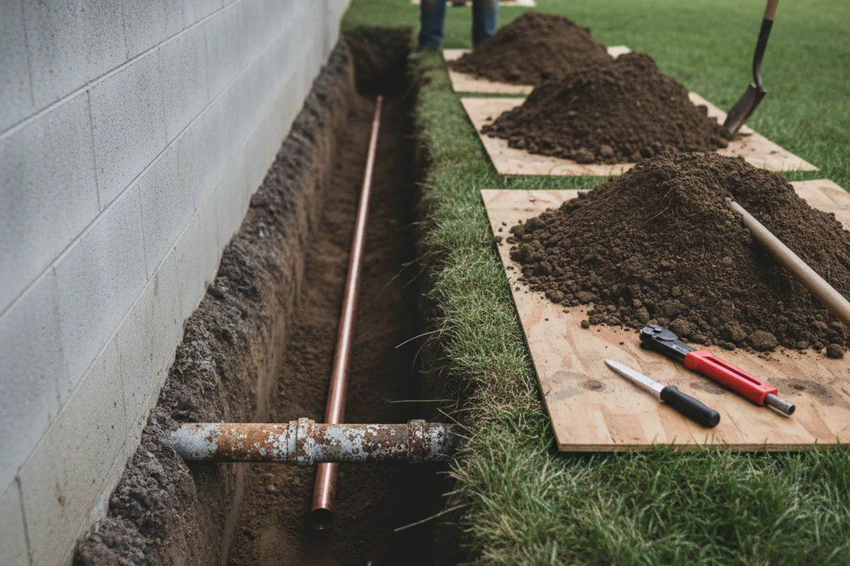 Excavated water line trench during Water Softener Installation in Mercer